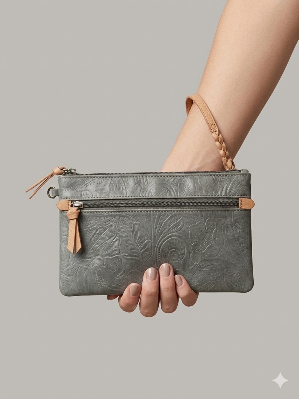 margot New York Embossed Sage Green Wristlet with Tan Strap